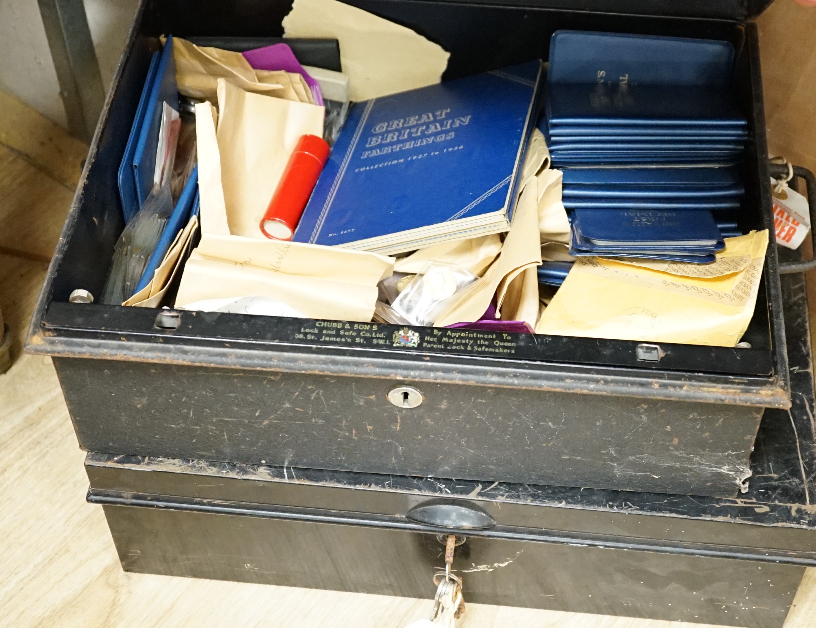 A large quantity of UK coins, mostly George V to Elizabeth II many UNC. in two metal boxes